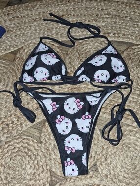Black Hello Kitty Print Triangle Bikini Top and Tie-Side Bottom